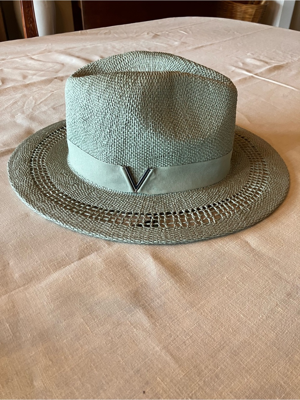 Vince Camuto Mint Green Straw Fedora Hat with V Accent